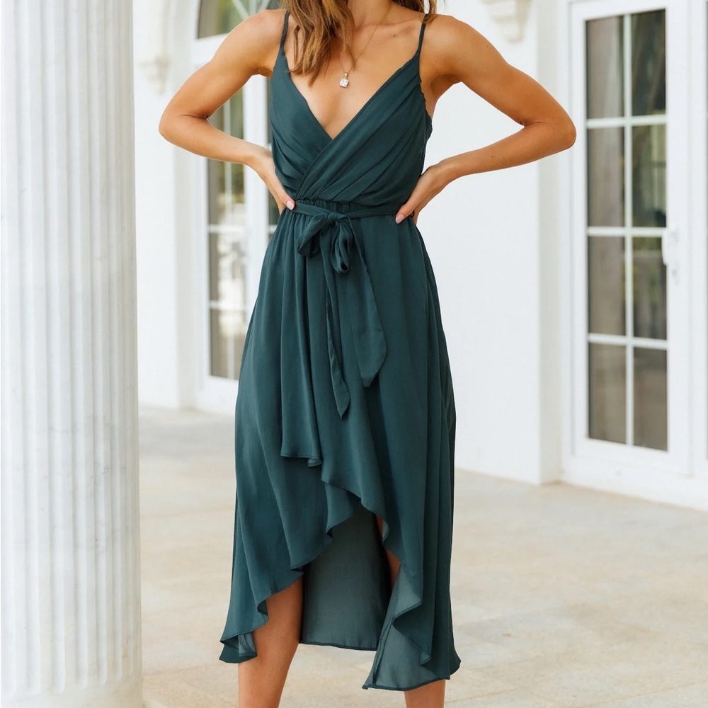 Satin, Forest green, Midi dress.